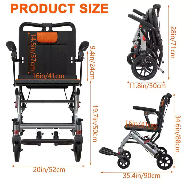 Fauteuil roulant de transport pour personnes âgées ultraléger, pliable et portable, avec frein à main verrouillable et accoudoirs relevables amovibles