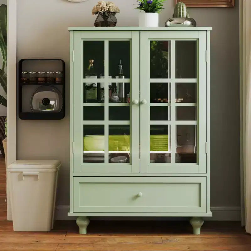 Meuble de rangement, meuble bas en bois avec 1 tiroir et 2 portes vitrées, buffet de ferme avec rangement pour le salon