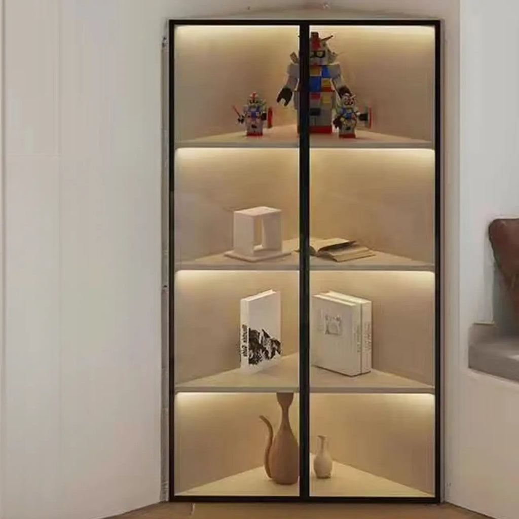 Mobile angolare moderno da esposizione in metallo e legno grigio con anta in vetro