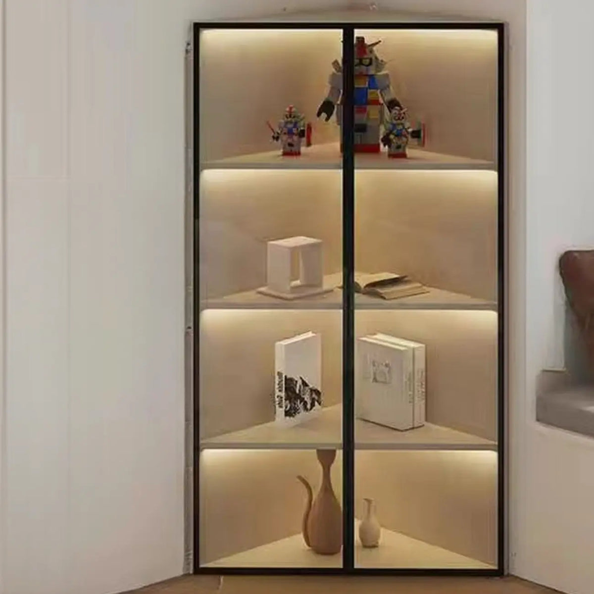 Mobile angolare moderno da esposizione in metallo e legno grigio con anta in vetro