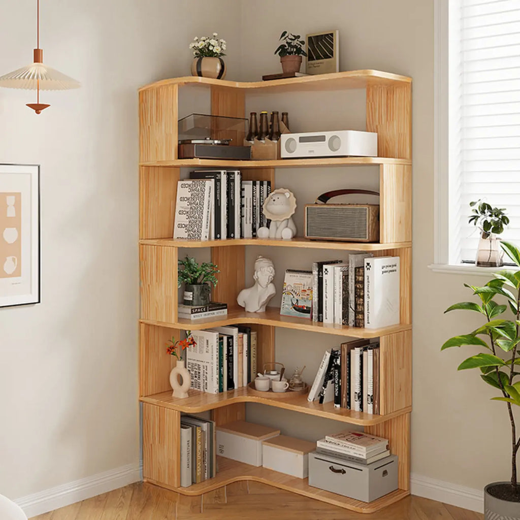 Libreria verticale in legno a forma di L con finitura naturale e schienale aperto