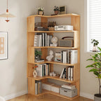 Libreria verticale in legno a forma di L con finitura naturale e schienale aperto