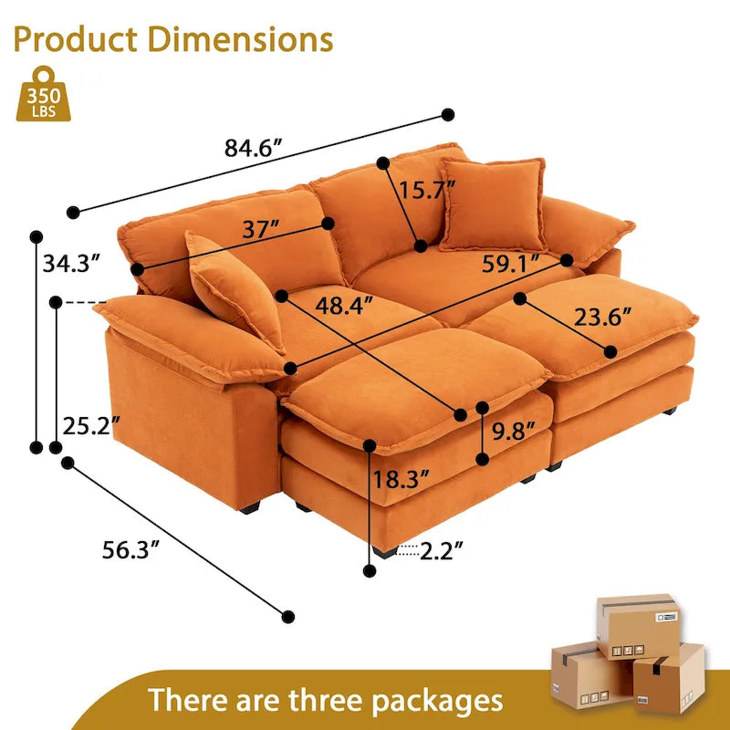 2-seater sofa with 2 cushions, 2 pillows and 2 ottomans, comfortable sofa - Living room deep sofa, modular sofa