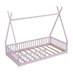 Floor Bed for Kids, Twin Size Tent Beds, Montessori Floor Bed with Slats and Fence Rails, Wood House Bed Frame for Boys Girls