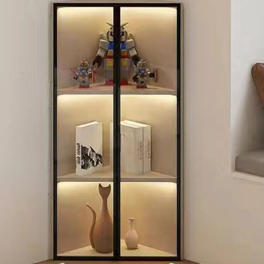 Mobile angolare moderno da esposizione in metallo e legno grigio con anta in vetro