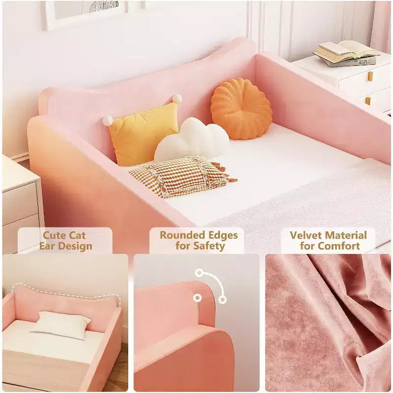 Letto per bambini JOYMOR, letto da pavimento con sponda di sicurezza, letto Montessori per bambini con forme di orecchie di animali, rosa