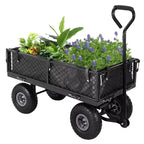 Carrello da giardino in acciaio per carichi pesanti, 500 libbre, carrello multiuso pieghevole con sponde in rete e rivestimento rimovibili, 10 pneumatici e maniglia di traino