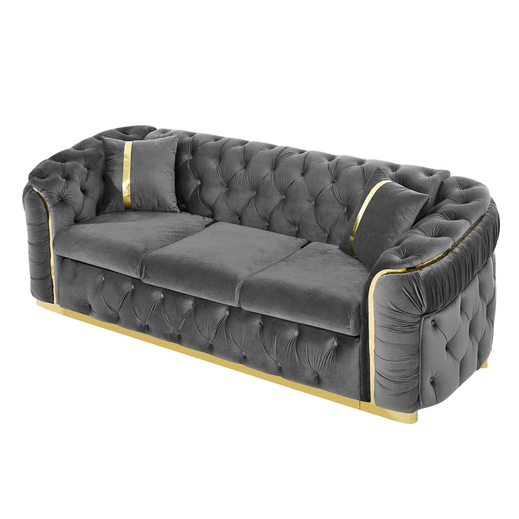 Canapé 3 places en velours de 90,6 avec 2 coussins, coussins haute densité, accents dorés et oreillers