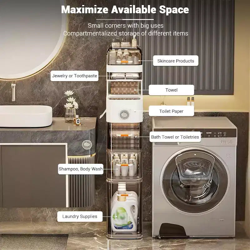 Mobiletto slim per bagno, mobile stretto a 7 ripiani con organizer impermeabili, porta fazzoletti e ruote, ideale per bagno, cucina e lavanderia