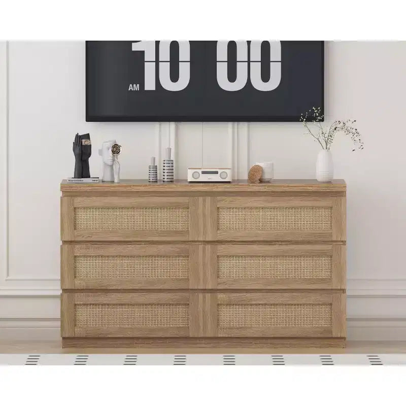 Cassettiera in rattan per camera da letto con 6 cassetti, cassettiera larga moderna in stile rustico da 47 pollici, mobile contenitore in legno per organizzare armadio, soggiorno e corridoio