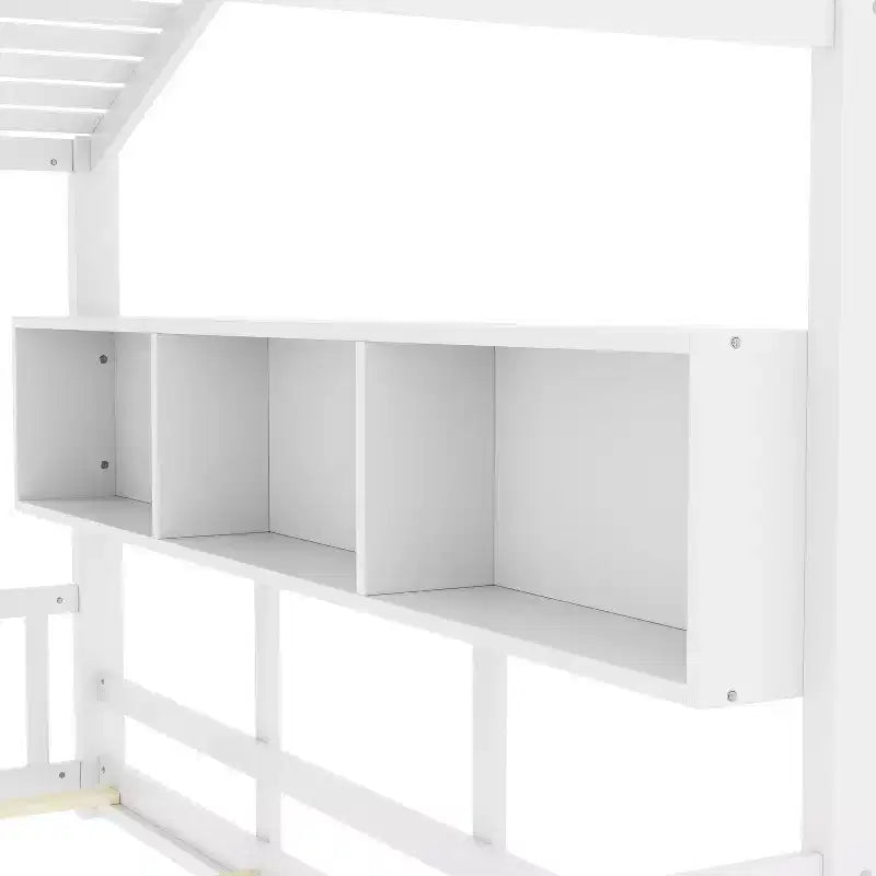 Cadre de lit plateforme en forme de maison, format une place et demie/double, lit cabane au sol pour tout-petit, lit Montessori pour enfant, lit maison de jeu avec étagère de rangement – ModernLuxe