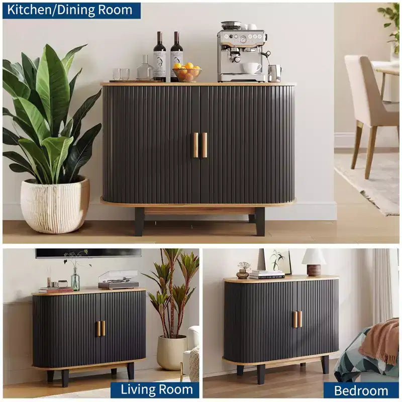 Credenza a doghe da 40", mobile contenitore con anta scorrevole e ripiano regolabile, credenza moderna, tavolo consolle da bar a tamburo