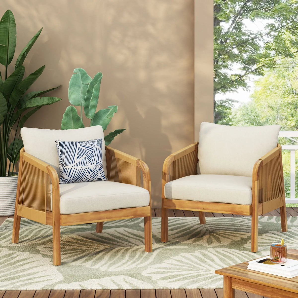 Jabe Outdoor Acacia Wood and Wicker Club Chair Set by Christopher Knight Home