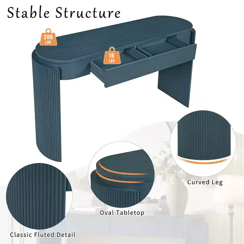 Consolle moderna Merax con piano ovale, gambe curve scanalate e due cassetti nascosti