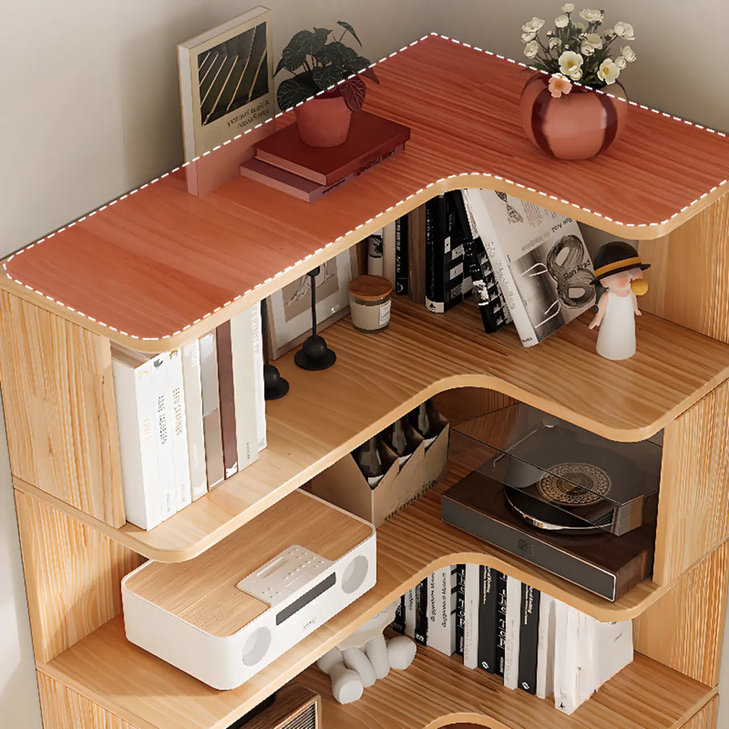 Libreria verticale in legno a forma di L con finitura naturale e schienale aperto