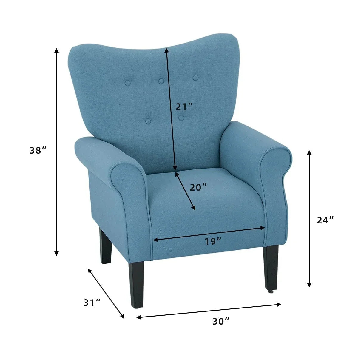 Fauteuil d’appoint moderne Erommy, fauteuil à dossier haut, canapé une place en tissu rembourré avec boutons et pieds en bois pour le salon