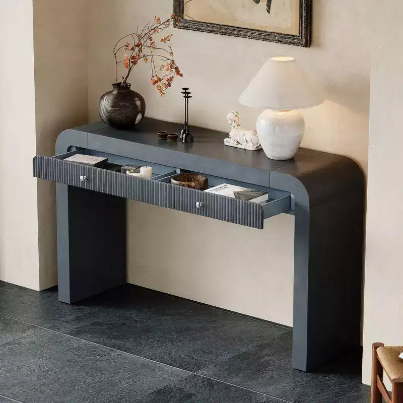 Table console rustique Whisen, table d’entrée et table d’appoint avec façade de tiroir cannelée