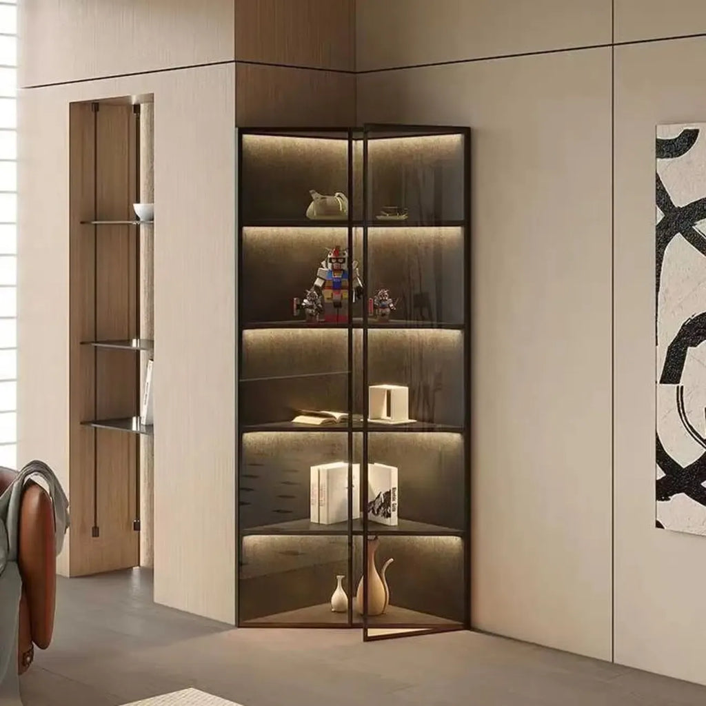 Mobile angolare moderno da esposizione in metallo e legno grigio con anta in vetro