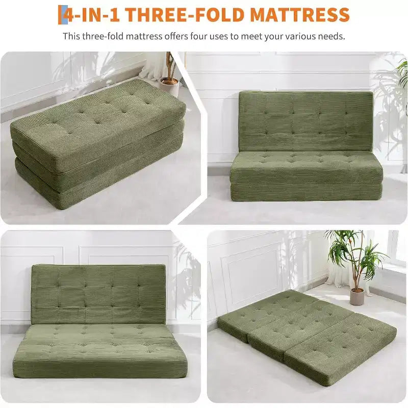 Divano letto con materasso pieghevole a tre sezioni SunnyFurn da 15 cm, 190,5 x 138 cm, letto per ospiti pieghevole in schiuma con velluto a coste trapuntato, portatile per campeggio, soggiorno e camera da letto