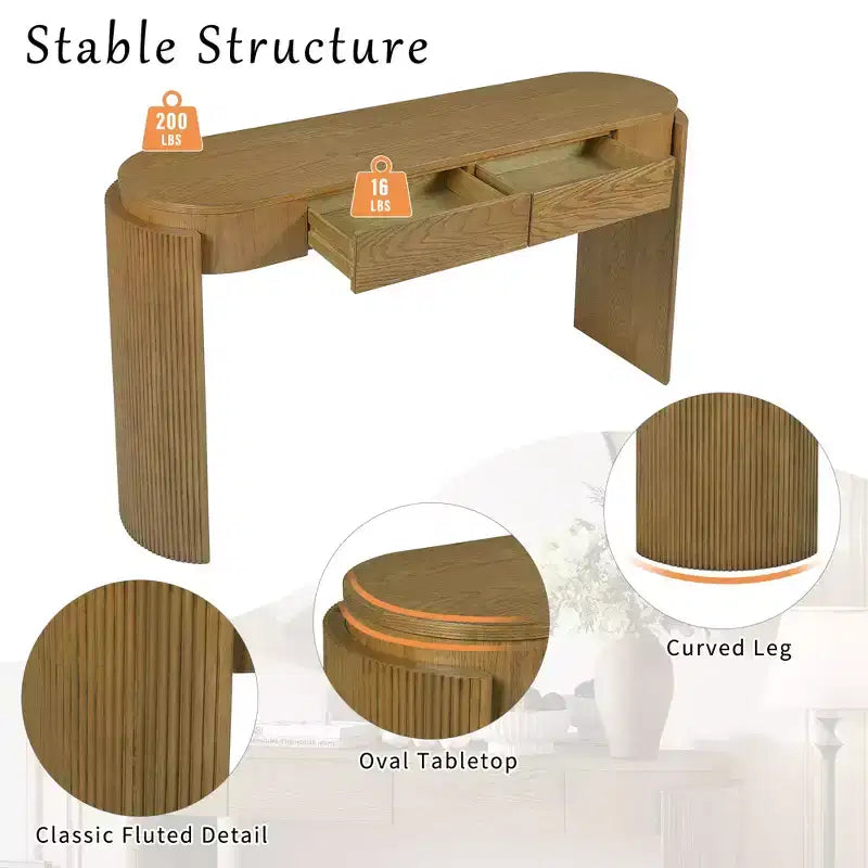 Consolle moderna Merax con piano ovale, gambe curve scanalate e due cassetti nascosti