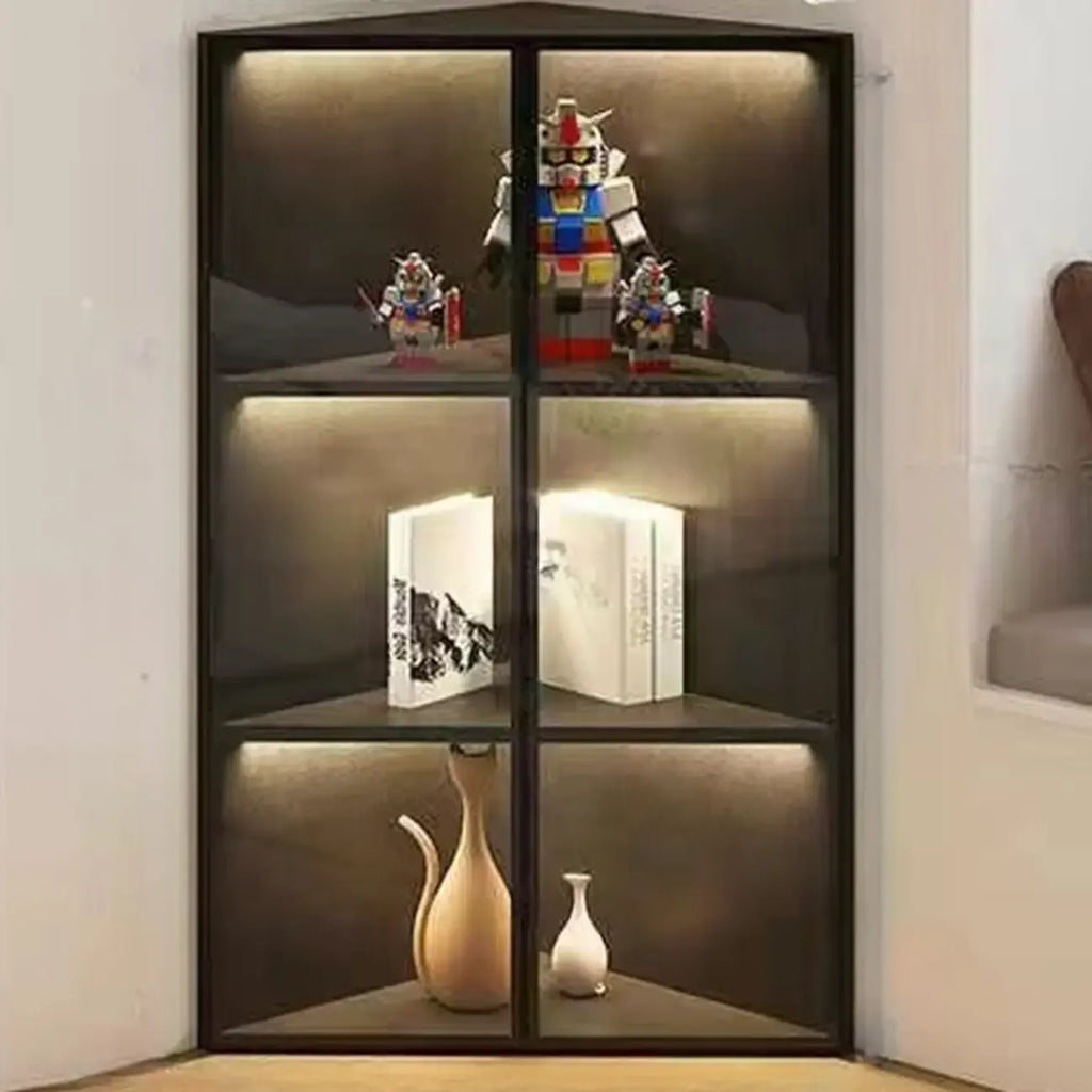 Mobile angolare moderno da esposizione in metallo e legno grigio con anta in vetro