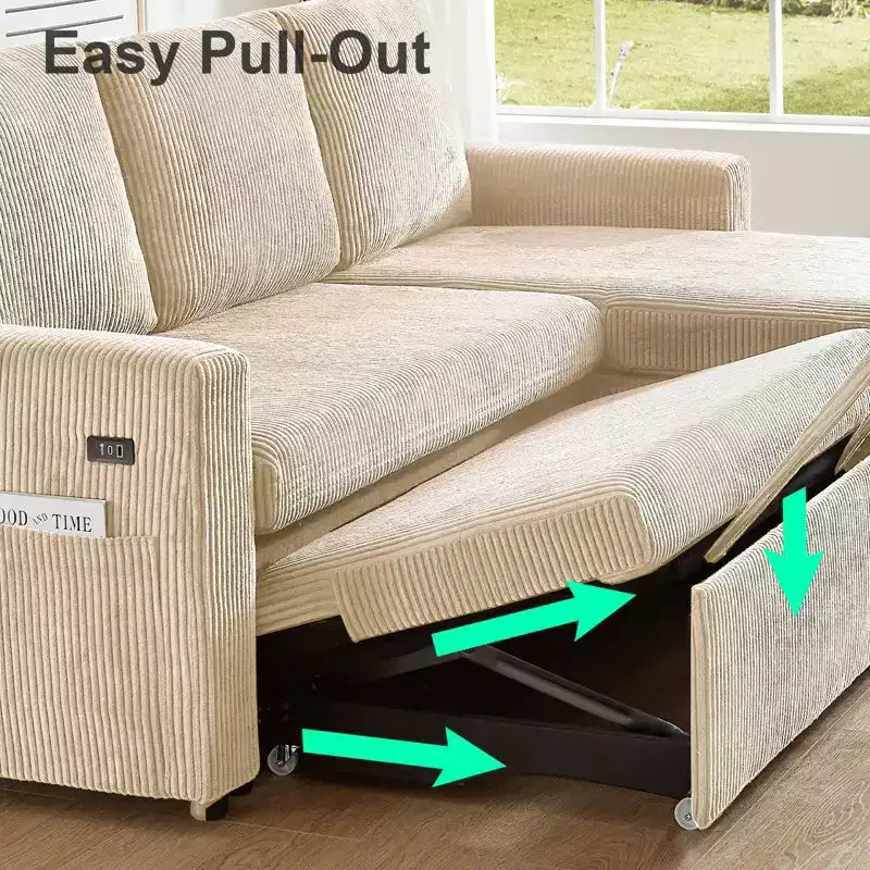Dyonery 81-Sitzer-Schlafsofa, L-förmiges Ausziehsofa mit wendbarer Recamiere mit Stauraum, USB-Anschluss und verstellbarer Rückenlehne