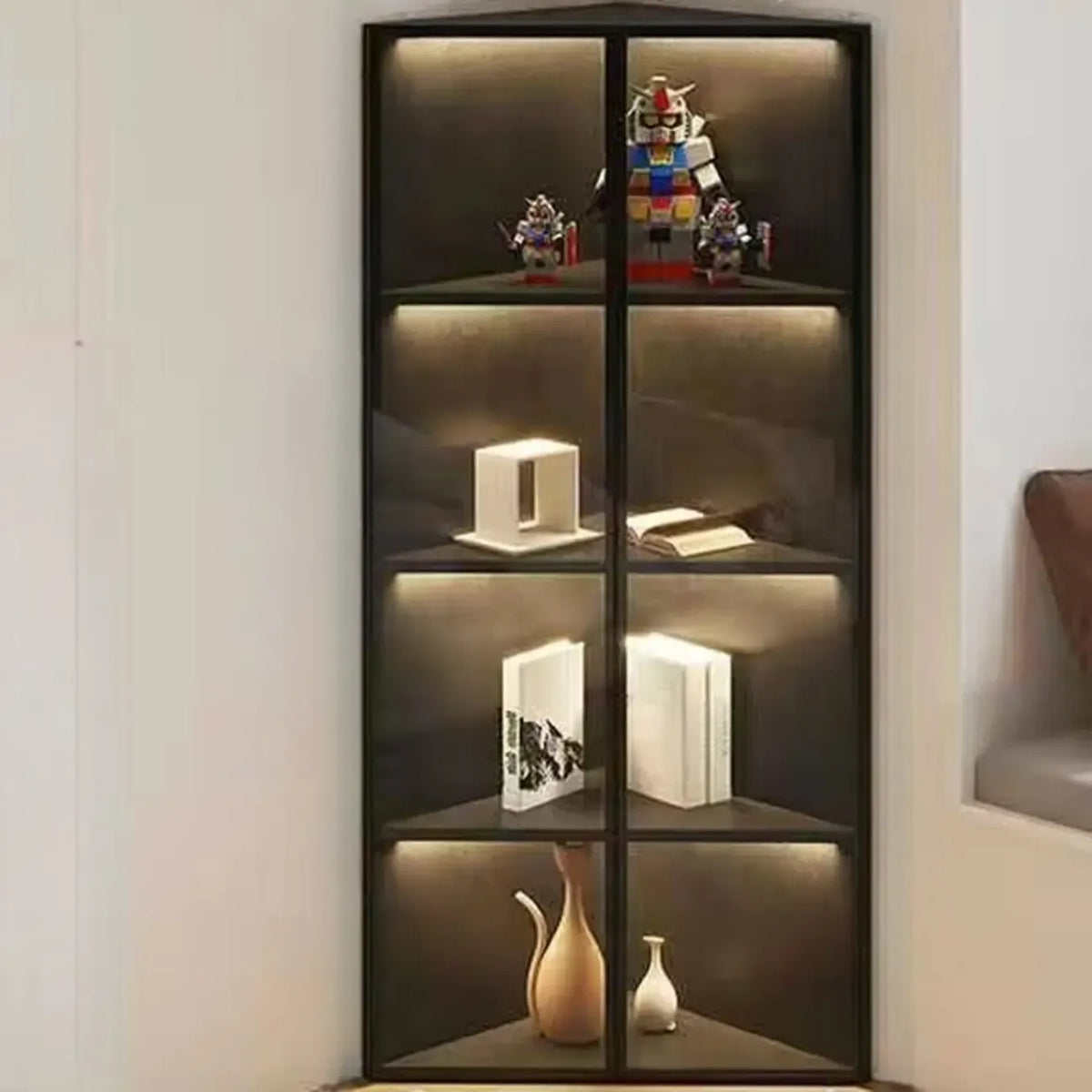 Mobile angolare moderno da esposizione in metallo e legno grigio con anta in vetro