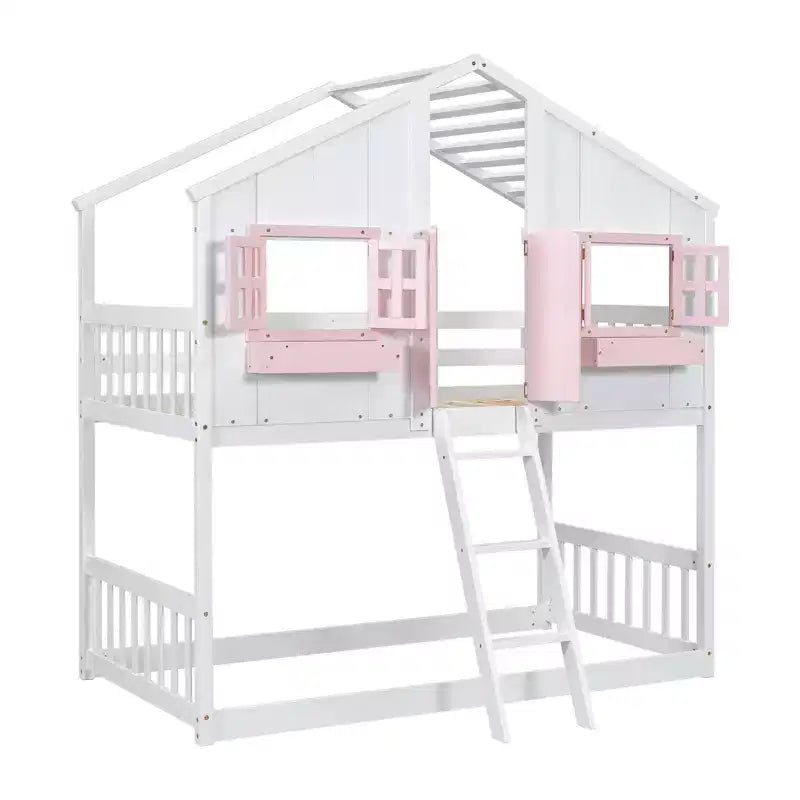 Letto a soppalco matrimoniale singolo a forma di casetta, letto rialzato in legno tipo casetta con scaletta e sponde di sicurezza per bambini