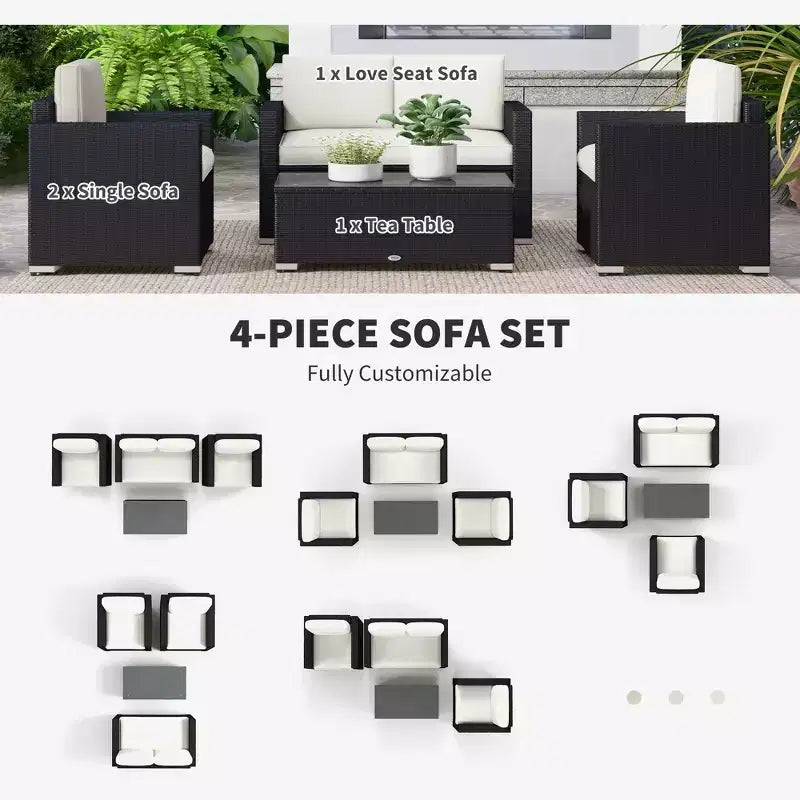 Set da giardino in rattan da 4 pezzi, set da patio in vimini con divanetto, sedie e tavolino da caffè con piano in vetro