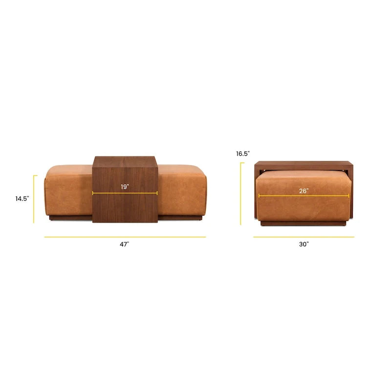 Pouf Jarmo Poly & Bark con tavolino regolabile in noce, vera pelle italiana pieno fiore