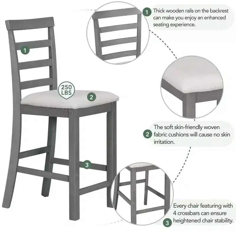 Set da pranzo in stile rustico composto da 5 pezzi, altezza bancone, con sedie per 4 persone, tavolo rettangolare in legno con ripiani contenitori e scomparto portabottiglie