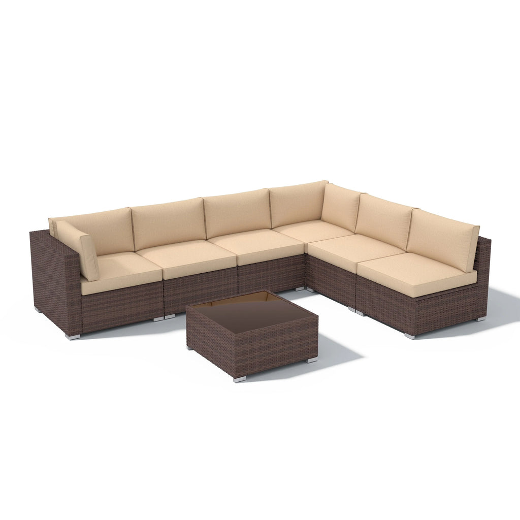 Ensemble de canapé modulaire d’extérieur rembourré en osier et acier, 7 pièces