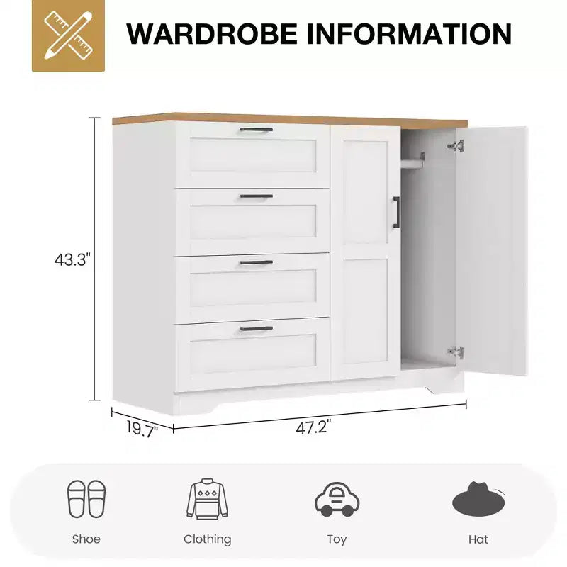 Armadio guardaroba in legno alto 43,3" con 4 cassetti e barra appendiabiti, mobile contenitore multifunzionale per abiti da camera da letto