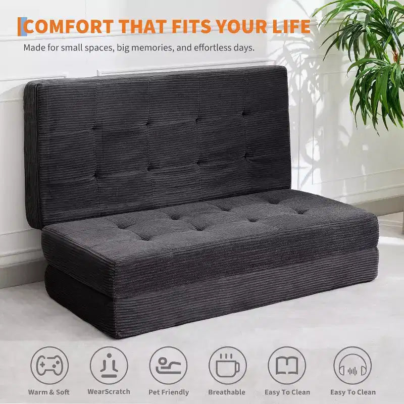 Divano letto con materasso pieghevole a tre sezioni SunnyFurn da 15 cm, 190,5 x 138 cm, letto per ospiti pieghevole in schiuma con velluto a coste trapuntato, portatile per campeggio, soggiorno e camera da letto