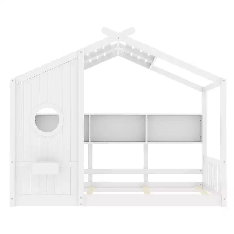 Cadre de lit plateforme en forme de maison, format une place et demie/double, lit cabane au sol pour tout-petit, lit Montessori pour enfant, lit maison de jeu avec étagère de rangement – ModernLuxe