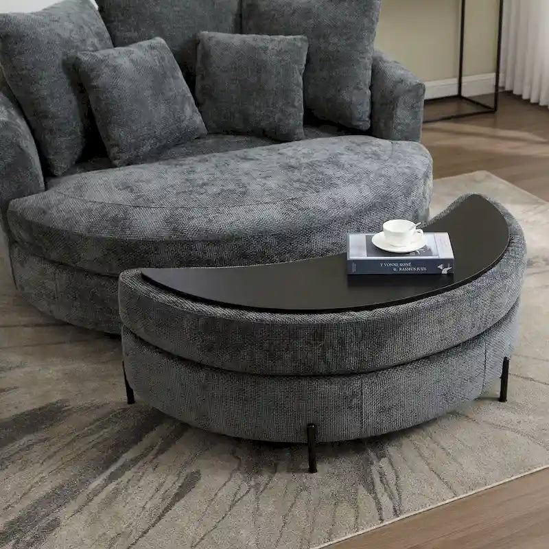 Fauteuil tonneau moderne rond avec 5 coussins et pouf en option