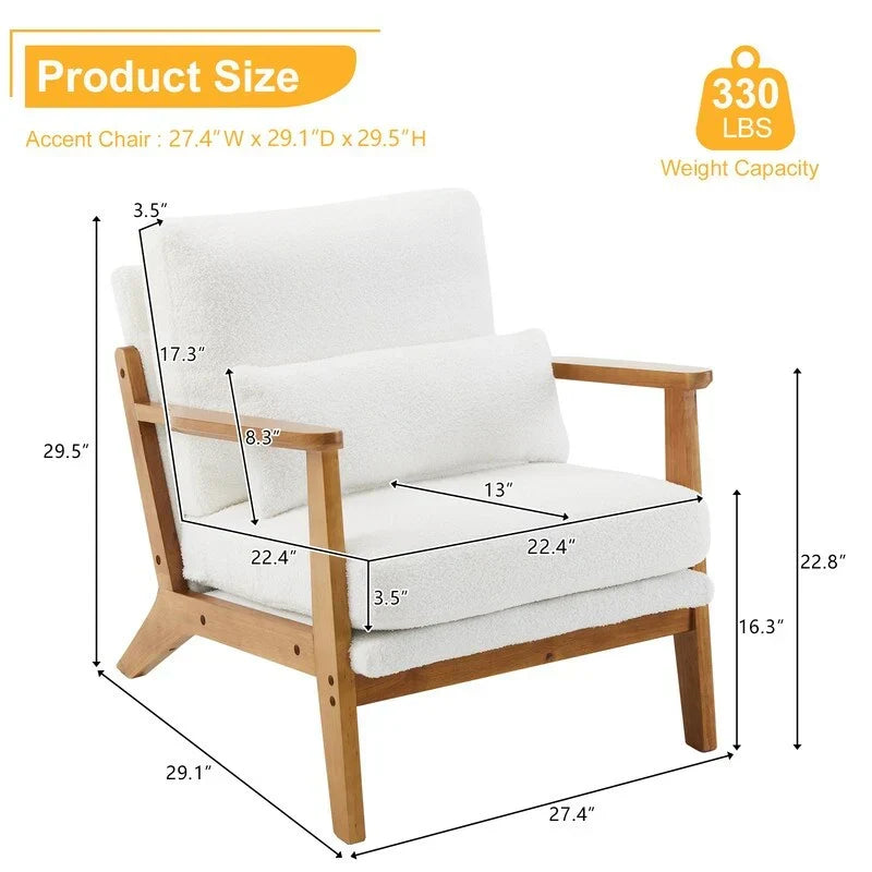 Poltrona d’accento imbottita in misto lino con gambe in legno e un cuscino, beige