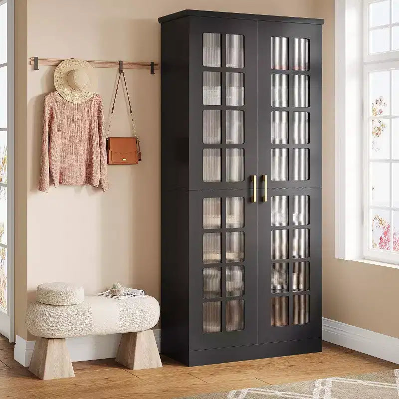 Meuble à chaussures haut Lantine avec portes, rangement à chaussures à 8 niveaux avec étagères réglables, meuble à chaussures moderne pour entrée, placard ou salon, blanc
