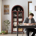 Mobiletto contenitore alto ad arco con ante in vetro, libreria espositiva a 5 ripiani con mensole regolabili per cucina o soggiorno