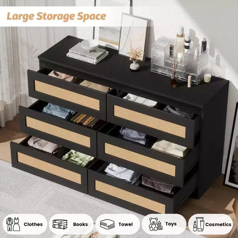 Cassettiera in rattan per camera da letto con 6 cassetti, cassettiera larga moderna in stile rustico da 47 pollici, mobile contenitore in legno per organizzare armadio, soggiorno e corridoio