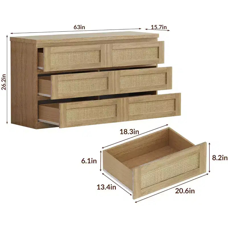 Cassettiera in rattan per camera da letto con 6 cassetti, cassettiera larga moderna in stile rustico da 47 pollici, mobile contenitore in legno per organizzare armadio, soggiorno e corridoio