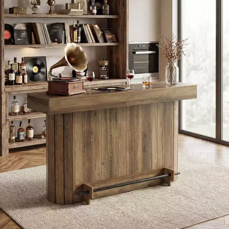 Table de bar Lantine, meuble de bar en bois de 63 po avec repose-pieds en métal, table de pub avec étagères de rangement pour salon, bistrot ou salle à manger (marron)