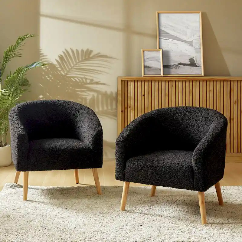 Fauteuil bouclé moderne Sheila de 30 W avec pieds en bois massif, lot de 2, par HULALA HOME