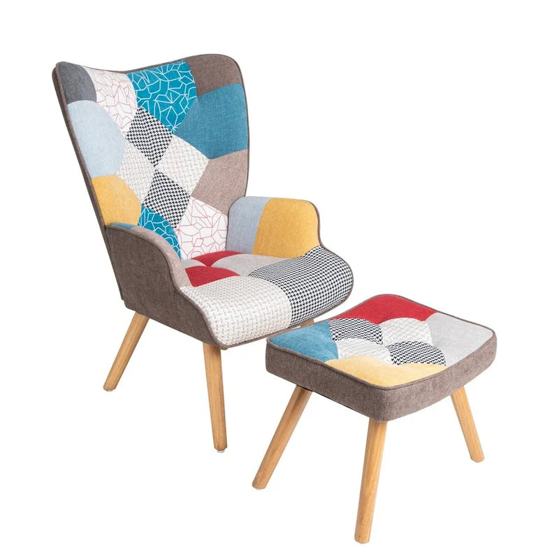 Fauteuil d’appoint avec pouf, ensemble fauteuil et pouf pour le salon, fauteuil d’appoint confortable avec accoudoirs pour la chambre, revêtement en tissu à motifs créatifs