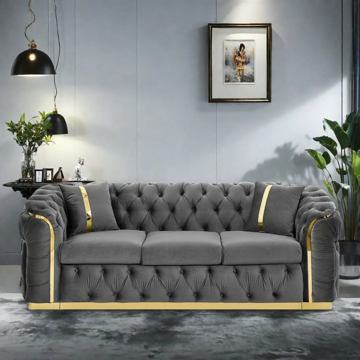 Canapé 3 places en velours de 90,6 avec 2 coussins, coussins haute densité, accents dorés et oreillers