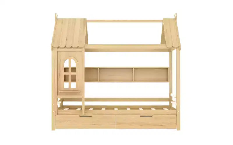 Haus-Hochbett mit Aufbewahrungsschubladen und Fenster, Rahmen aus Massivholz mit Regalen, kindlich-verspieltes Design, helles Weiß