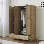Armadio in rattan Famapy con 3 cassetti, guardaroba con 3 ante in rattan traspirante, armadio alto in stile rustico per camera da letto