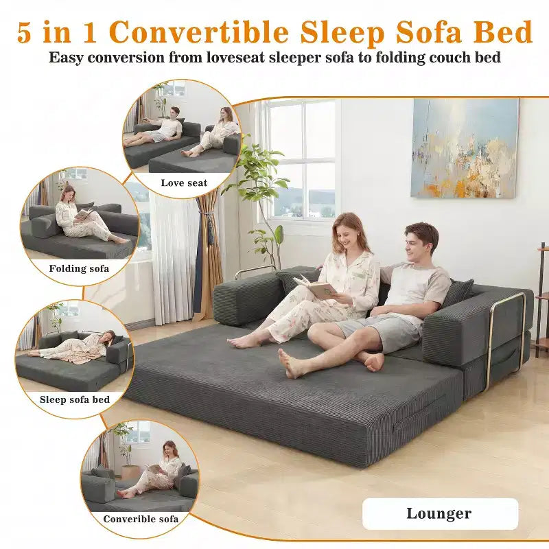 Canapé-lit pliant Dyonery 78 convertible en canapé en velours côtelé, format king, couchage au sol, 4-en-1, canapé modulaire à combiner soi-même, confortable et dépliant