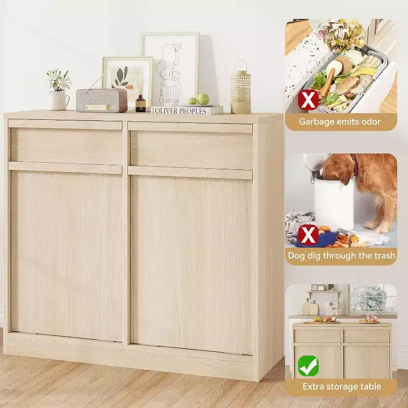 Poubelle inclinable en chêne naturel avec rangement et tiroir, meuble cache-poubelle, panier à linge pour cuisine, salle à manger et salon