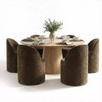 Ensemble de table à manger moderne pour 6 personnes, table ronde à piètement central, fauteuils tonneau pivotants à roulettes, chenille texturée - Panipeachy